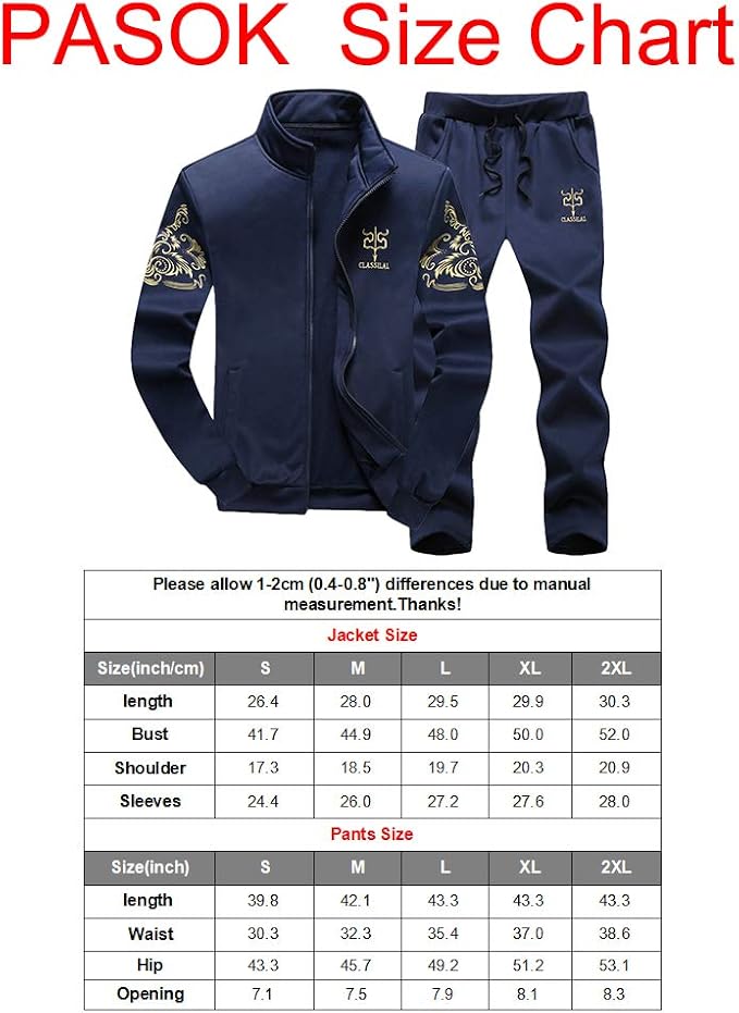 PASOK Men's Casual Tracksuit Full Zip Running Jogging Athletic Sports Jacket and Pants Set